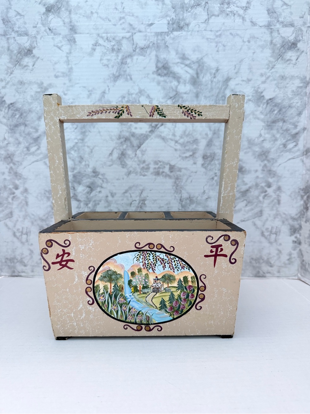 Kathy Hatch Hand-Painted Decorative Wooden Caddy with Scenic Motif